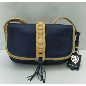 Tommy Bahama Santa Rosa Navy Blue Leather Woven Striped Crossbody Bag - $188